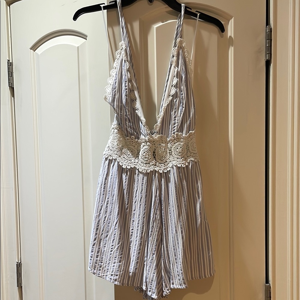 Striped Halter Romper with Lace Details